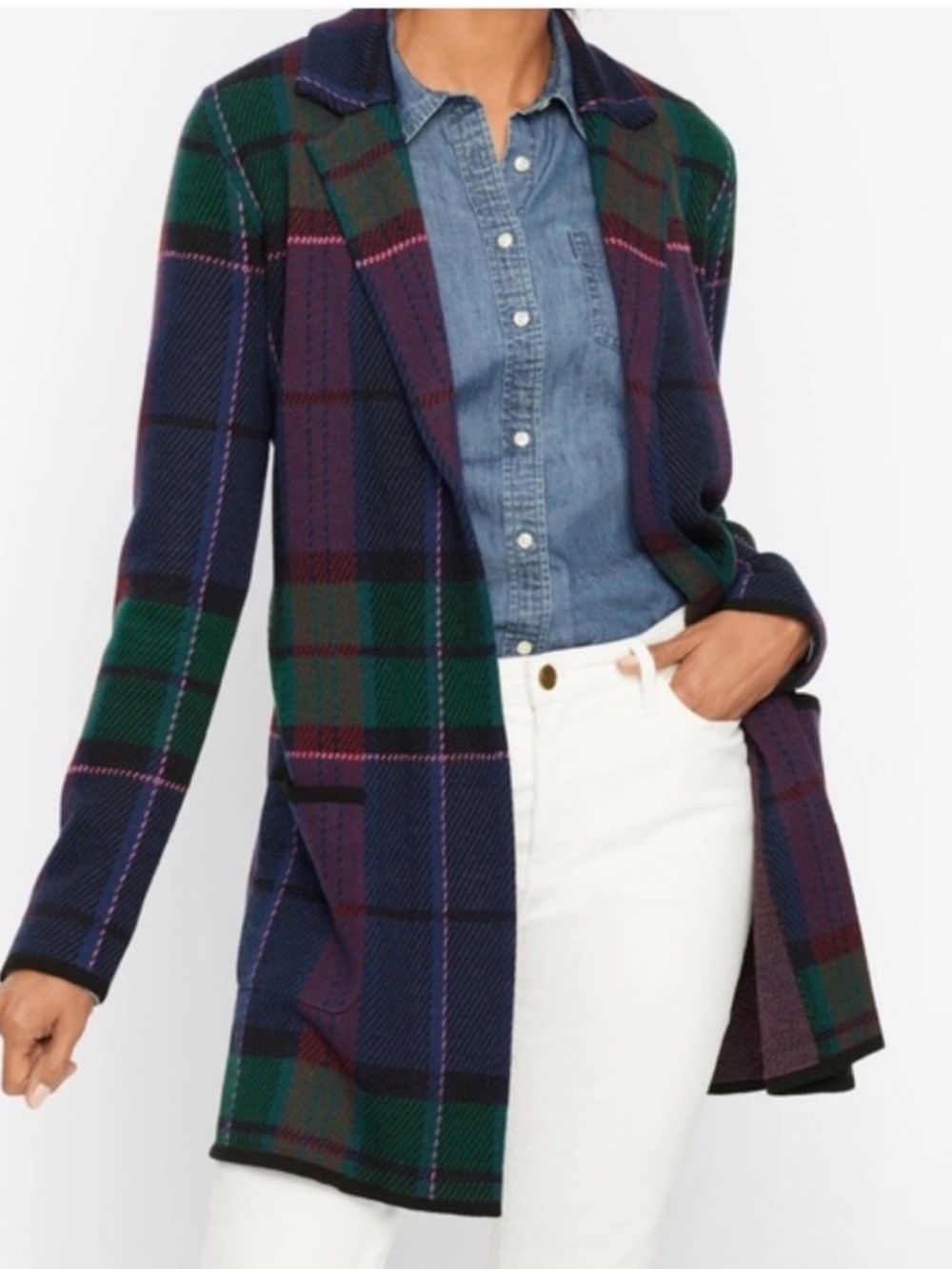 Talbots Weekend Plaid Pure Merino Wool Cardigan Sweater Size large